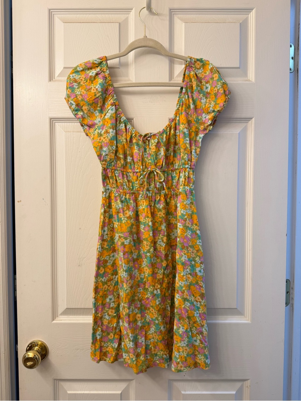 Billabong Yellow Floral Mini Dress with Puff Sleeves